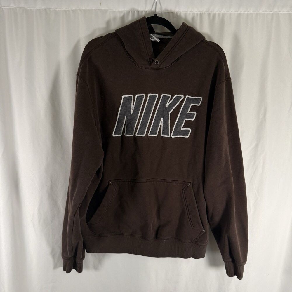 Nike Hoodie Men's Large Brown Embroidered Pockets Pullover Cotton Blend